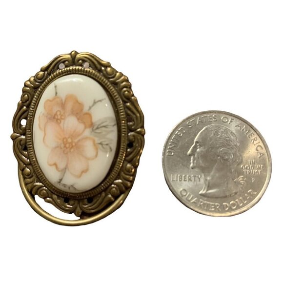 Vintage Jeri-Lou Floral Scarf Clip Oval Goldtone Frame Dogwood Design Signed - Picture 3 of 11